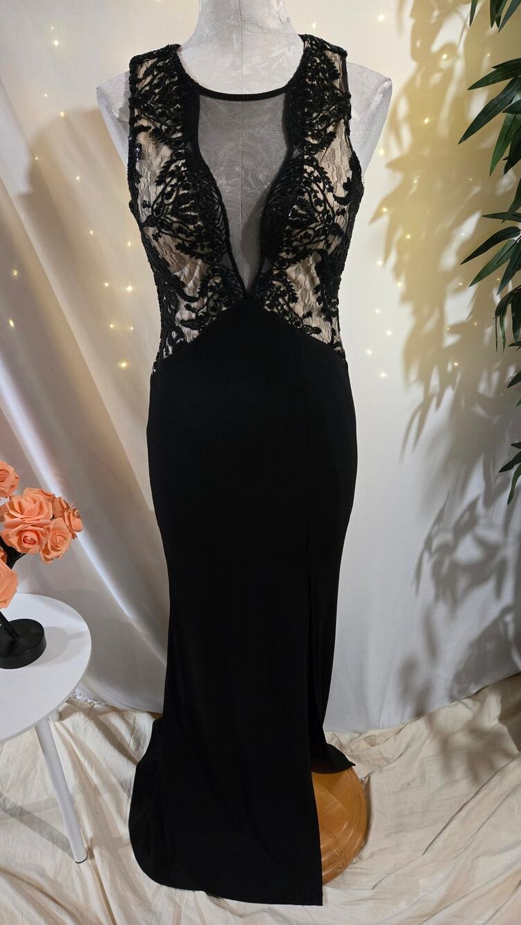 Vtg Trixxi Y2K Womens Lace Sequin Bodycon Slit Gown Dress Sz 3 Black Whimsigoth